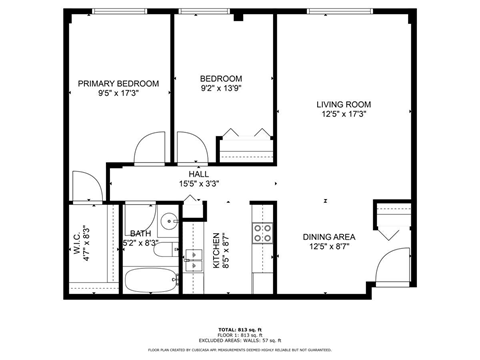 A floor plan of a house with a living room, two bedrooms, a hall, a dining area, a kitchen, and a bathroom.